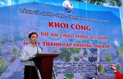 Ông Ngô Ngọc Hậu, Chủ tịch UBND phường An Khê phát biểu tại Lễ khởi công
